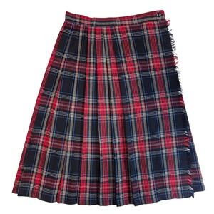 Vtg Red Plaid Wool Midi Skirt Womens Small Fringe Outlander Old Money Preppy 90s